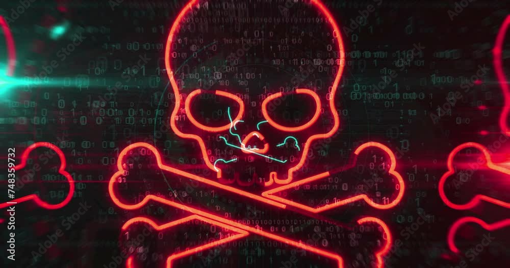 Cyberattack piracy and security breach with skull symbol abstract digital concept. Cyber technology and computer background line contour seamless and looped animation.