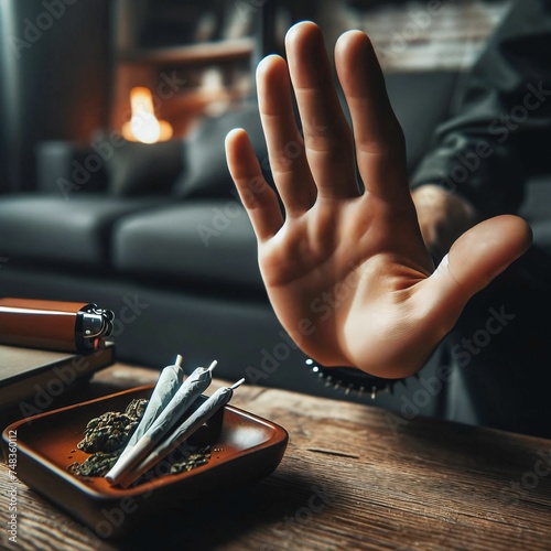 Man refuses or rejects to smoke cannabis joint. Stopping hand sign. Stop gesture. No weed. Ganja. Marijuana. Refuse to smoke together. Addiction. Generative AI photo