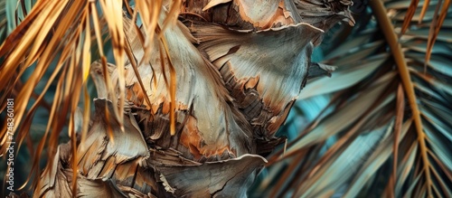 In this detailed close-up, the focus is on the trimmed bark and branches of a palm tree. The texture and patterns of the bark are prominently displayed, with the branches extending outwards.