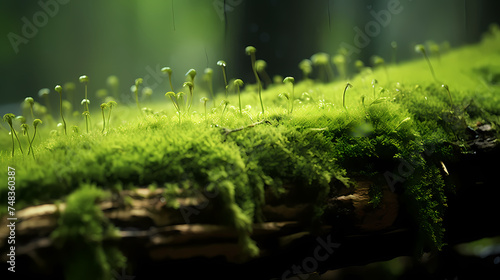Beautiful bright green moss growing on rough stones © jiejie