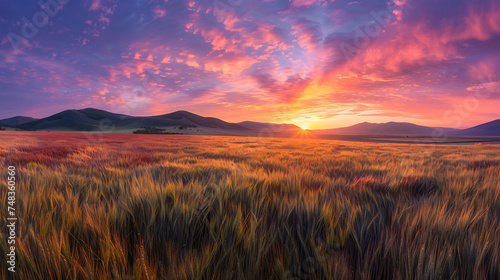  A breathtaking landscape at sunrise, with vibrant hues painting the sky over a vast field of golden wheat © DigitaArt.Creative