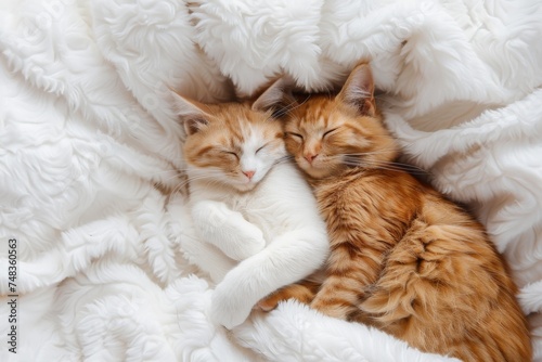 Two ginger cats sleeping and cuddling on a white fluffy blanket