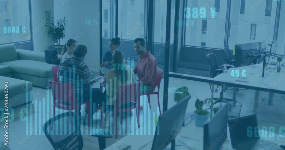 Animation of financial data processing over diverse business people in office Animation of financial data processing over diverse business people in office