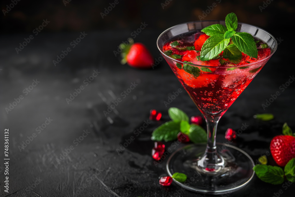 A vibrant cocktail with strawberries and mint leaves in a martini glass, set against a dark background. A vibrant cocktail with strawberries and mint leaves in a martini glass, set against a dark background.