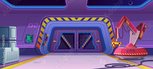Cargo gateway of a spacecraft or orbital station. Cartoon spaceship interior. A tunnel to a cargo gate, a winch with a hook, a cargo robot crane with a manipulator arm, metal boxes. Cargo delivery.