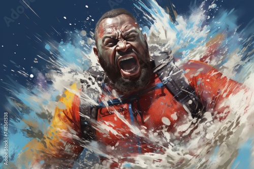 Dynamic Power and Strength Displayed by Man in Water, Exuding Determination and Focus. Intense Expression Captures Energy and Vigor, with Splashes Enhancing Dramatic Effect.