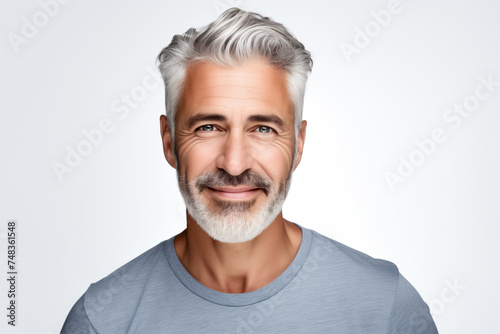 Photo portrait of a handsome 40s old mature man smiling with clean teeth. For a dental ad. Man with fresh stylish hair and beard, blue T-shirt. Isolated on white background