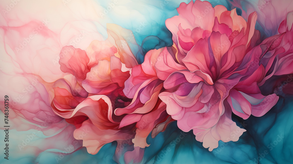 Watercolor painted red abstract peonies close up.