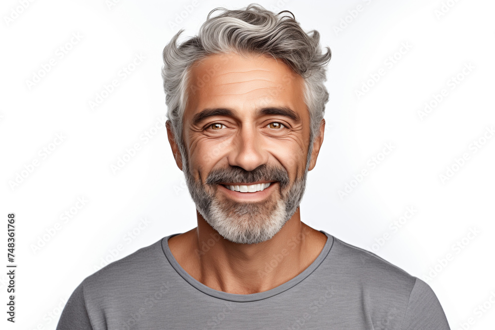 Photo portrait of a handsome 40s old mature man smiling with clean teeth. For a dental ad. Man with fresh stylish hair and beard. Isolated on white background, hyper realistic, professional - obrazy, fototapety, plakaty 