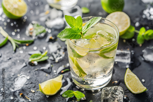A refreshing mojito cocktail with ice, lime slices, and mint leaves on a dark, wet surface with scattered ingredients.