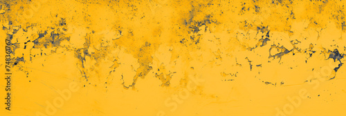 Yellow cement concrete grunge textured floor background. Gold amber wall with cracks. Old vintage wide backdrop for design banner