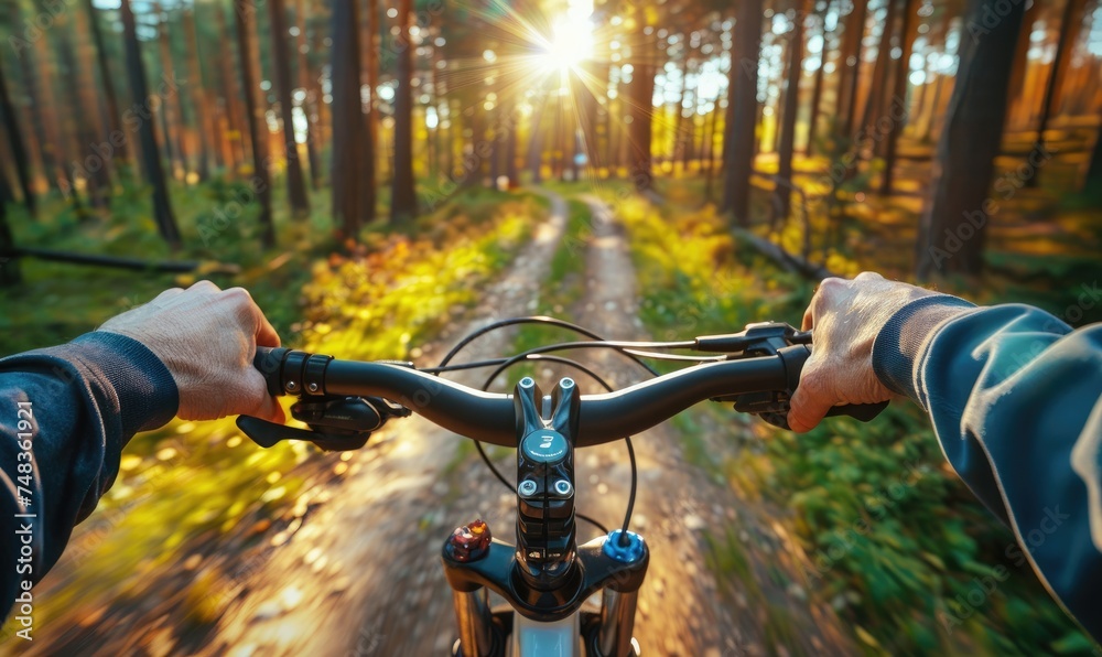 Rider driving bicycle in the forest - obrazy, fototapety, plakaty 