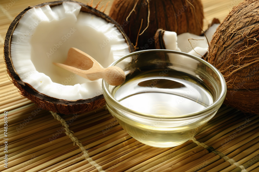 Coconut halves and a bowl of coconut oil on a bamboo mat, emphasizing natural wellness and tropical origins.