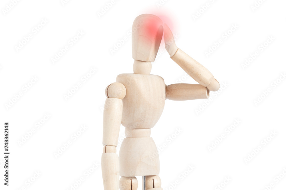 Wooden drawing dummy isolated touching his head with one hand. Representation of headache. Wooden drawing dummy isolated touching his head with one hand. Representation of headache.