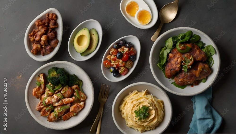 Create a visually stunning display of four keto-friendly dishes, each with their own unique twist and flavor profile, captured from a bird's eye view for the ultimate viewing experience.