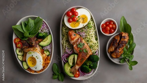Let your imagination run wild as you design four mouth-watering keto dishes, each with its own distinct style and presentation, captured in stunning detail from above for a truly mesmerizing display.