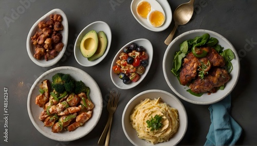 Create a visually stunning display of four keto-friendly dishes  each with their own unique twist and flavor profile  captured from a bird s eye view for the ultimate viewing experience.
