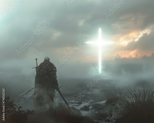 Amidst a foggy dawn a knight encounters a Cross signaling a digital gateway to the Multiverse