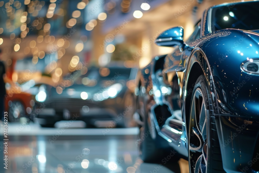 Exclusive sports car on display in dealership with bokeh lights