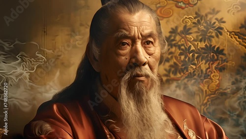 Slow motion portrait of Confucius, the ancient Chinese philosopher with smoke behind him photo