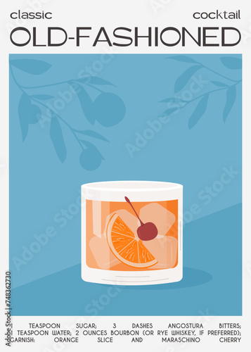 Old Fashioned Cocktail on the rocks garnish with orange slice and maraschino cherry. Whiskey with ice aperitif tropical vertical poster. Minimalistic trendy alcoholic beverage. Vector illustration.