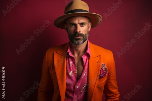 Handsome man with beard and mustache in orange suit and hat