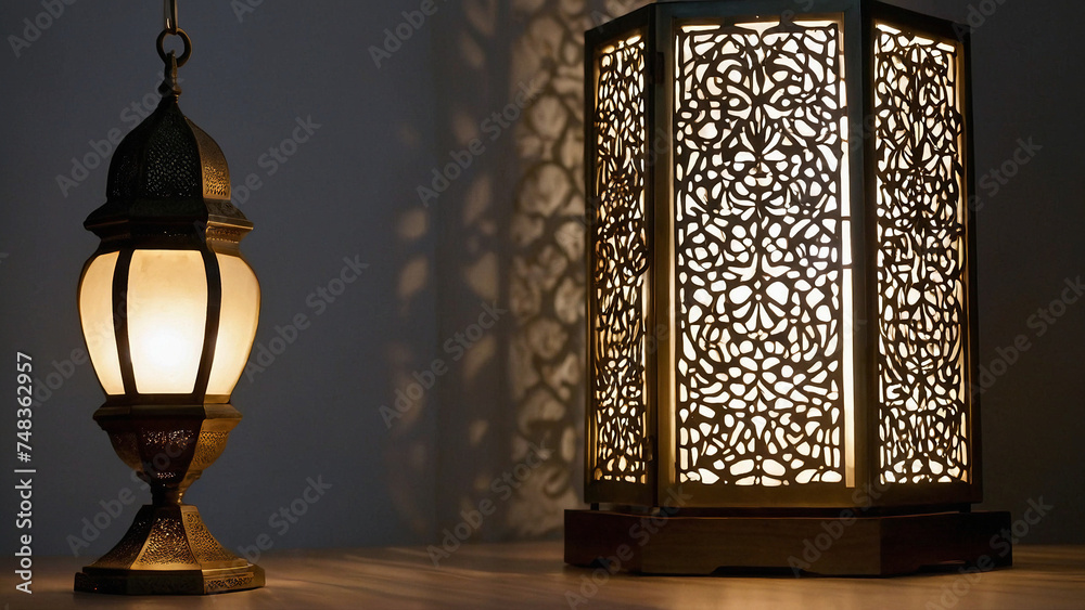 Elegant Ramadan Decor: Golden Lamp and Crescent Moon