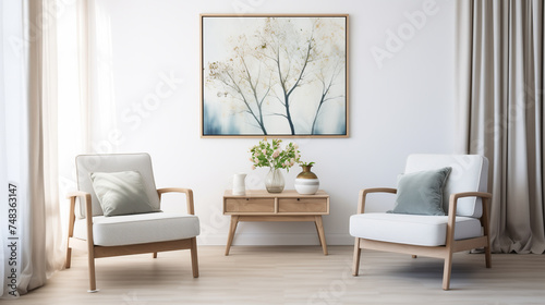 Scandinavian Style Living Room with Pastel Wall Art and Elegant Minimalist Furniture