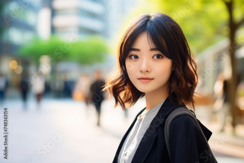 young asian woman walking in the city (shallow DOF; color toned image)