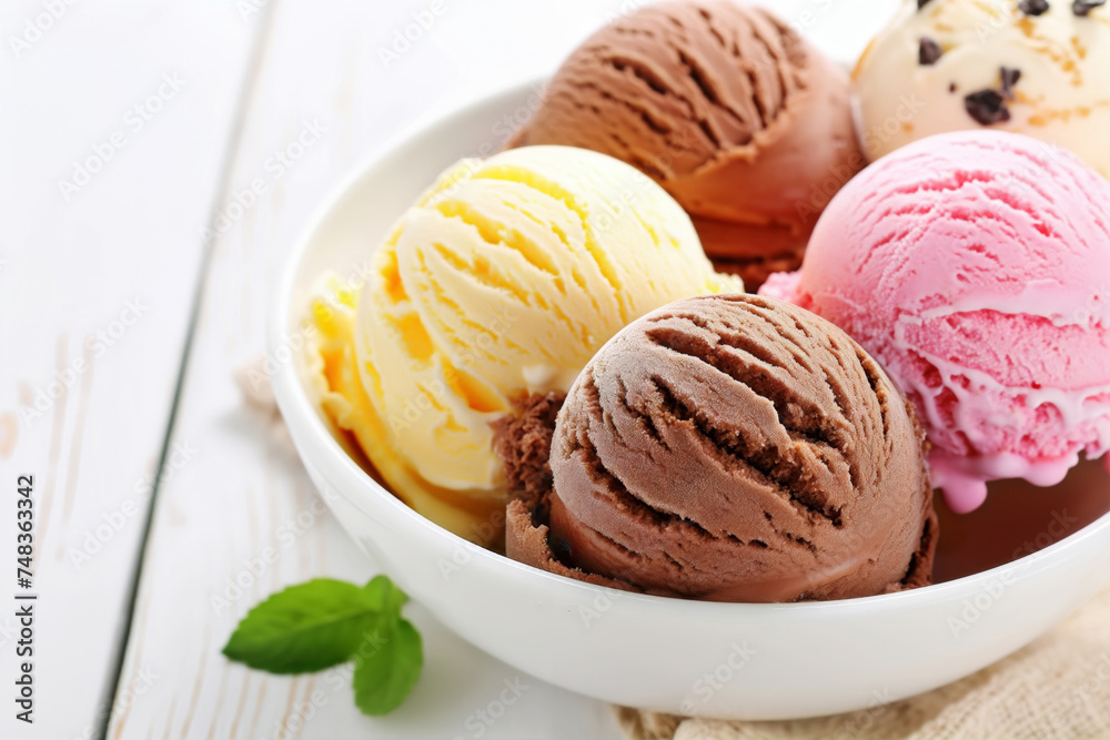 Scoops of chocolate, vanilla, and strawberry ice cream in a white bowl, garnished with mint on a light wooden background. Scoops of chocolate, vanilla, and strawberry ice cream in a white bowl, garnished with mint on a light wooden background.