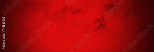 Red cement concrete grunge textured floor background. Ruby wine wall with cracks. Old vintage wide backdrop for design banner