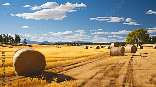 Hay bales in field at sunset