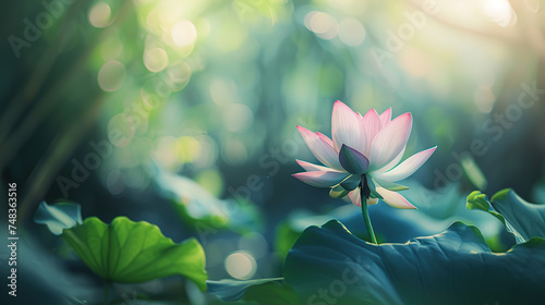 Close-up of a delicate lotus flower in full bloom ~ A blooming waterlily showing its natural beauty and elegance among green leaves blurred background effect