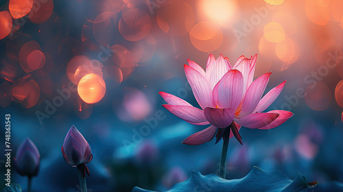 Close-up of a delicate lotus flower in full bloom   A blooming waterlily showing its natural beauty and elegance among green leaves blurred background effect