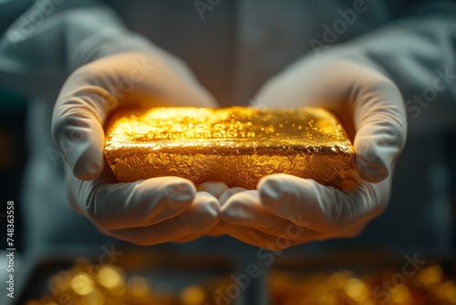 Ai generated of Glove hand cradle luminous gold bar  showcase result of refining process against a backdrop of gold reserves. Gold bars Gold ingot  bullion gold  bank vault  in golden background.