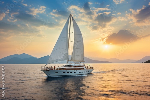 This is a beautiful image of a sailing yacht with white sails gliding across the ocean at sunset. The sky is ablaze with color, and the water is calm and still. This is a perfect day for sailing.