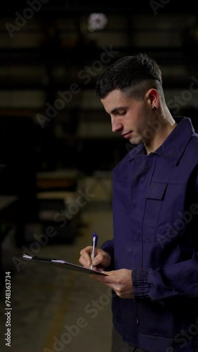 Factory worker doing inventory and looking at camera. Employment and labor concept. Portrait of industry employee writing on clipboard photo