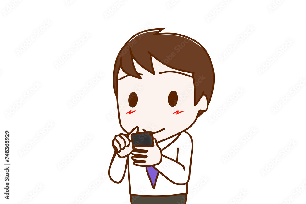 （上半身斜め）スマホを持って画面を見ながらにっこり微笑む男性