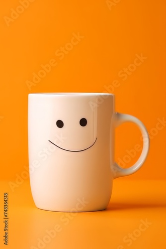 Coffee mug with smiley face on bright orange background.