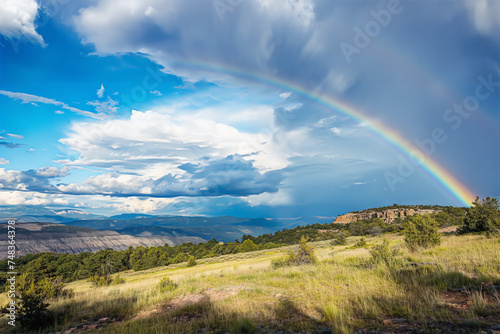 A beautiful rainbow arches over a scenic landscape with lush greenery and dramatic clouds, blending nature's tranquility and vibrancy.