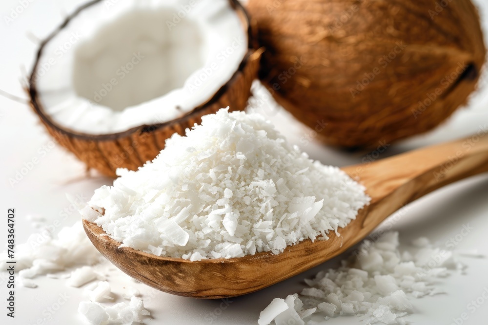 Coconut flakes in a wooden spoon and coconut on a white background Coconut flakes in a wooden spoon and coconut on a white background
