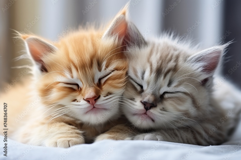 Two Cute Kittens Peacefully Napping on a Soft Blue Blanket in a Cozy Home, Creating an Adorable Scene Filled with Serenity and Cuteness, Perfect for Bringing Joy and Happiness to Anyone Who Sees Them.