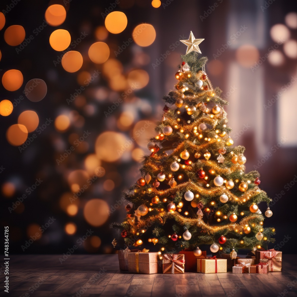Decorated Christmas tree with gifts and lights bokeh background