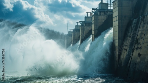 Portrait of water discharge at hydroelectric power plant. Hydroelectric dam on the river photo