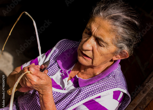 Retrato de una mujer adulta sentada trabajando manualmente sus artesanías naturales.  photo