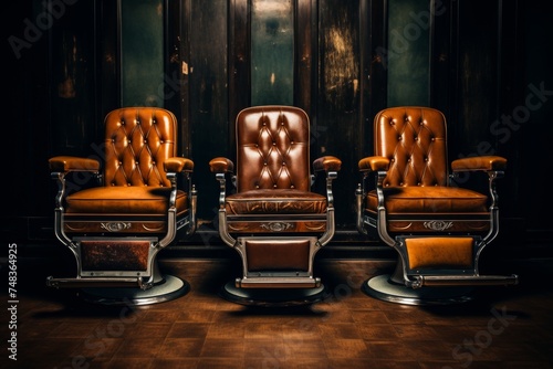 Vintage Brown Leather Barber Chairs in Classic Design Setting, Three Chairs Against Dark Wood Paneled Wall for Barbershop or Salon Interior, Timeless Aesthetic with Rustic Charm and Traditional Appeal © katrin888