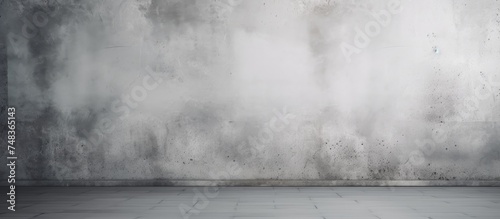 A black and white photo capturing the interior of an empty room with a grey ombre background. The studio setting features old grunge elements and an abstract texture on the wall and floor,