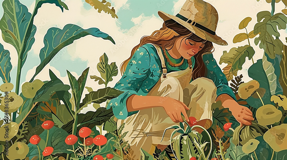 Illustration of a hippie farmer woman lovingly harvesting his vegetables directly from the earth