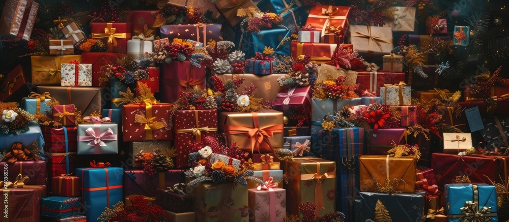 A collection of beautifully wrapped gifts stacked neatly together, creating a colorful and festive sight. Each present is uniquely wrapped, creating a diverse display of patterns and colors. A collection of beautifully wrapped gifts stacked neatly together, creating a colorful and festive sight. Each present is uniquely wrapped, creating a diverse display of patterns and colors.