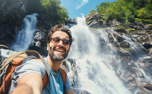A man with a backpack and sunglasses taking a selfie in front of a waterfall © mafsdisseny